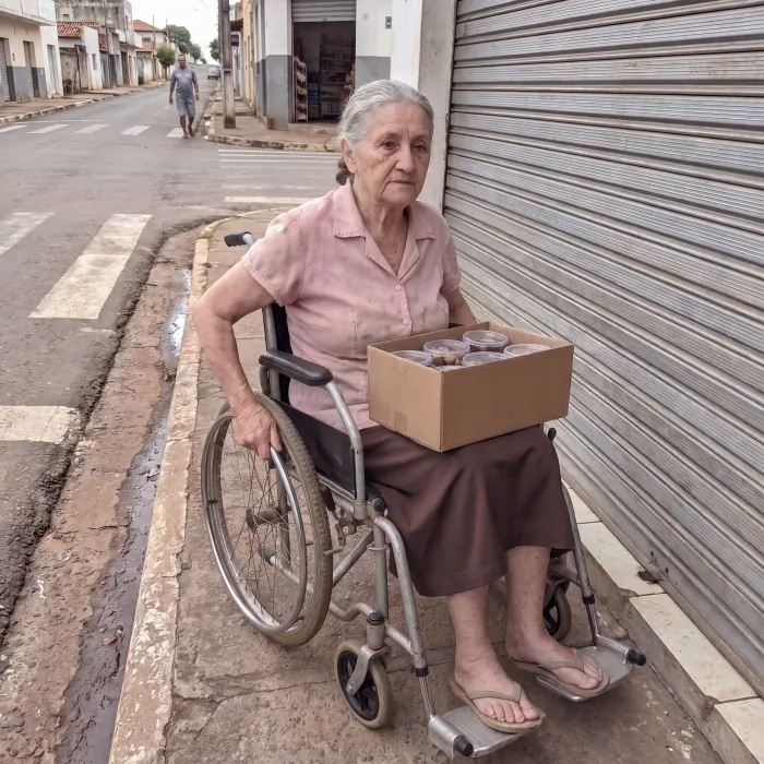 Neusa, idosa de cabelos brancos, sentada na cadeira de rodas na calçada com uma caixa de doces no colo