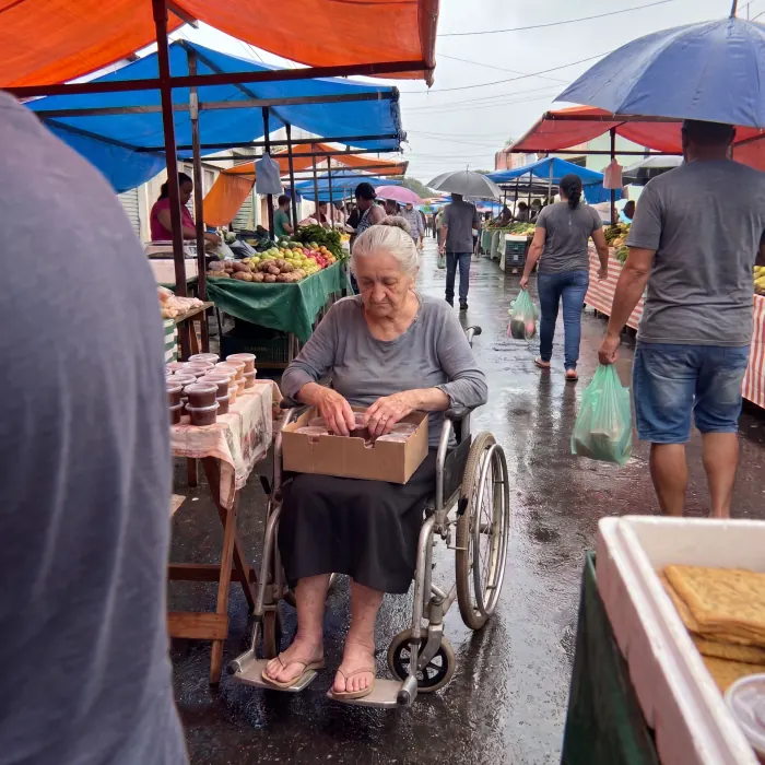 Neusa na feira, sentada na cadeira de rodas em dia de chuva, organizando os doces na caixa apoiada no colo